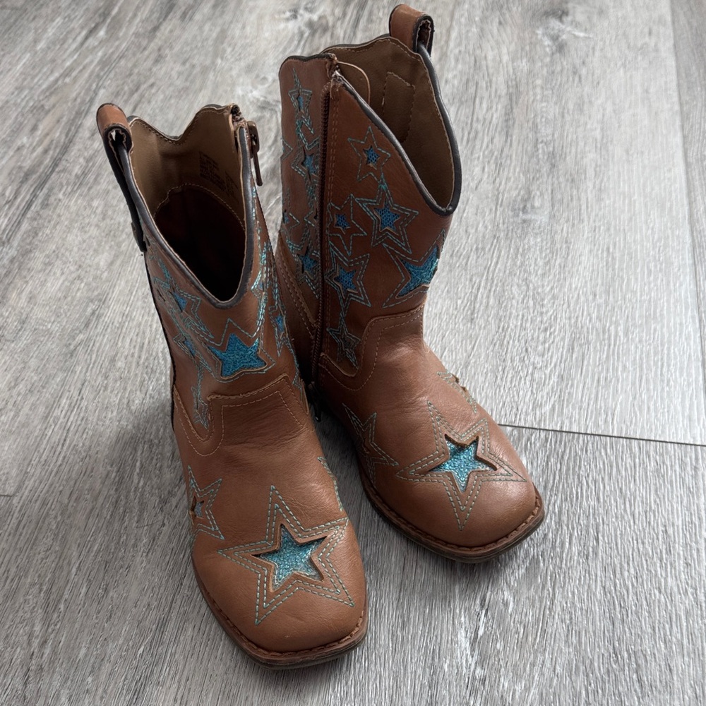 EUC Wonder Nation Brown and Blue Glitter Stars Cowgirl Boots Size 12